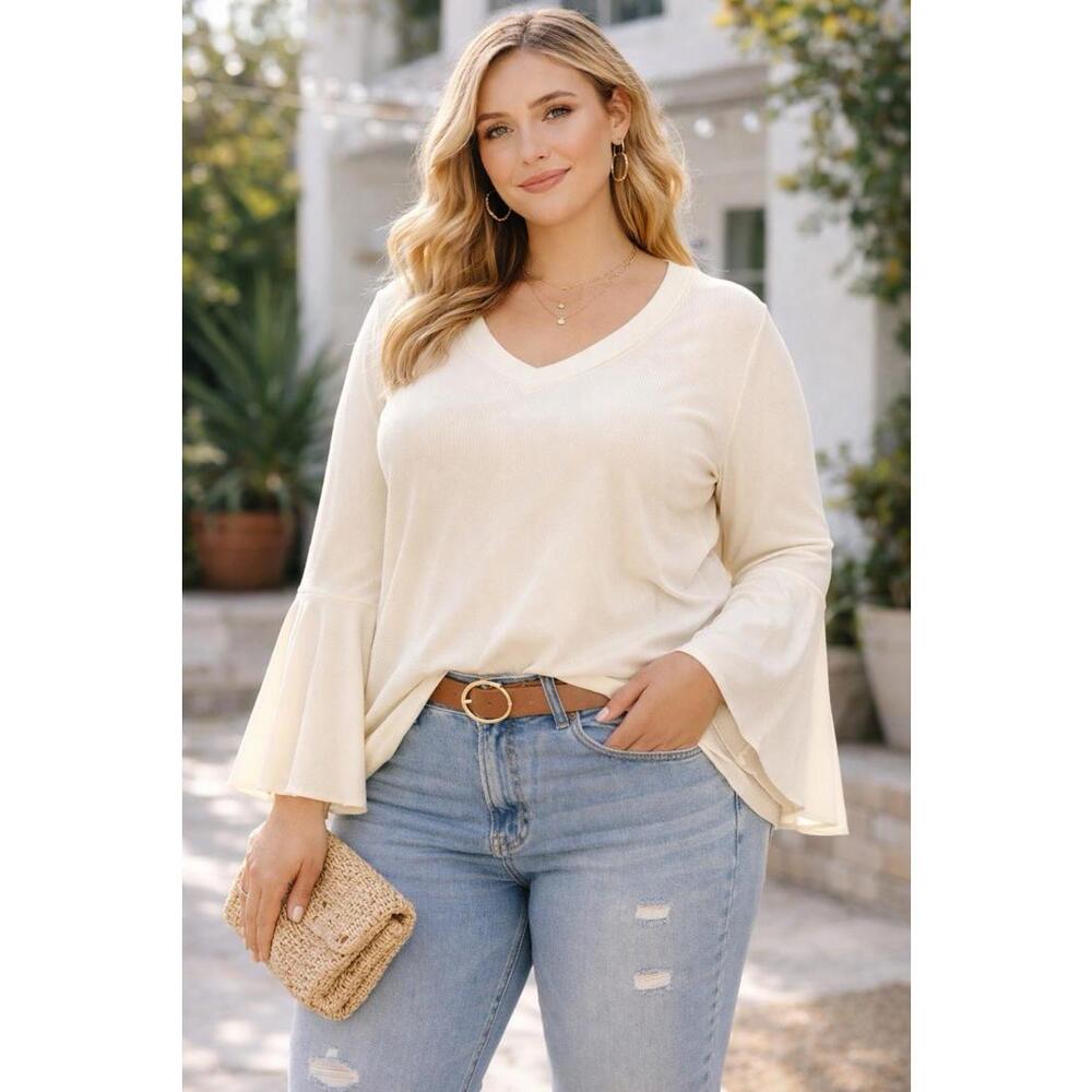 Hayden Los Angeles Blouse 1XL NWT Natural V-Neck Bell Sleeve Ribbed Top A16